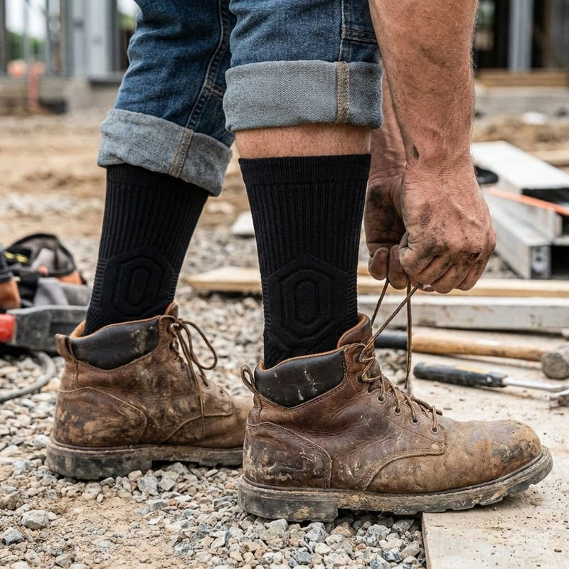 Chaussettes de travail portées avec des chaussures de chantier